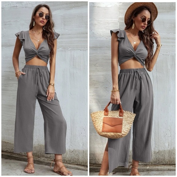 SHEIN - Ruffle trim twist top with pants 2 pc grey - Picture 4 of 4
